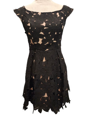 Papaya Black Floral Lace Crochet Overlay Dress Nude Lined S Mini Cocktail Party